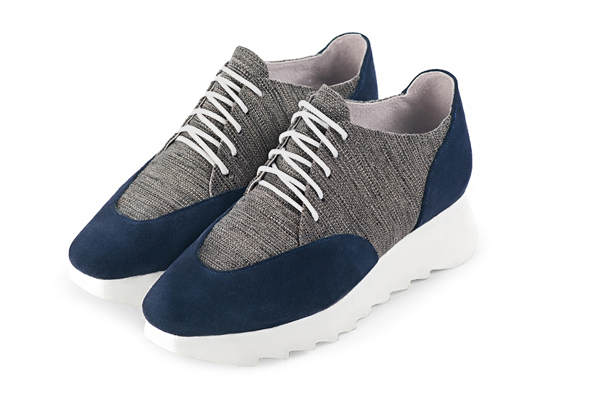 Navy blue and dark grey women's casual lace-up shoes. Square toe. Low rubber soles. Front view - Florence KOOIJMAN